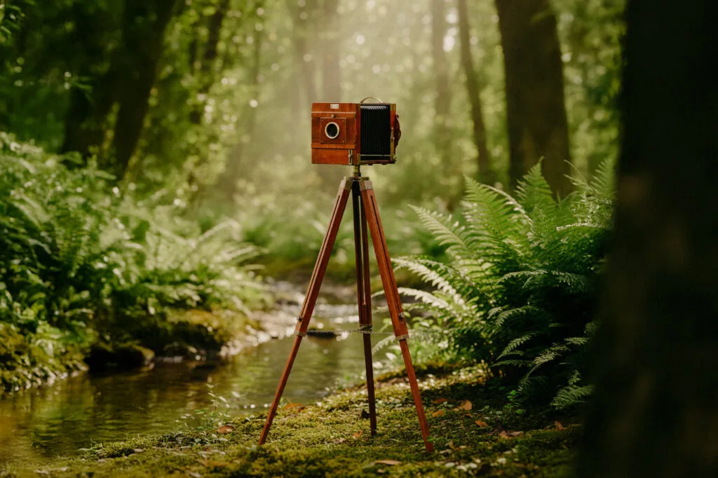 Fotomatón cámara vintage de fuelle y madera para bodas y eventos en Galicia.
